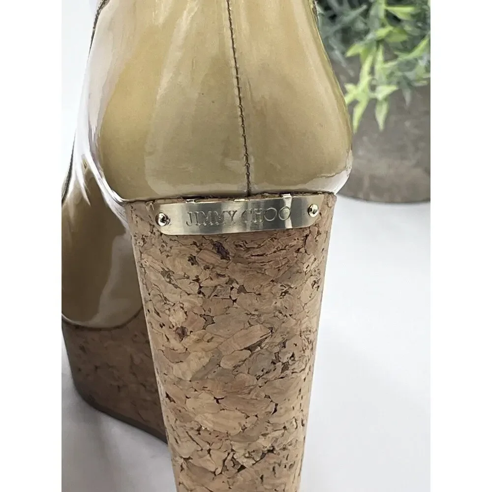 Jimmy Choo Papina‎ Cork Wedge Nude Patent Leather Platform Heels EU 40/US 10
